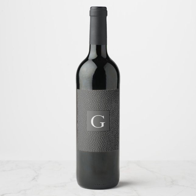 Monogram Best Man Groomsman Black Leather Print Wine Label (Front)