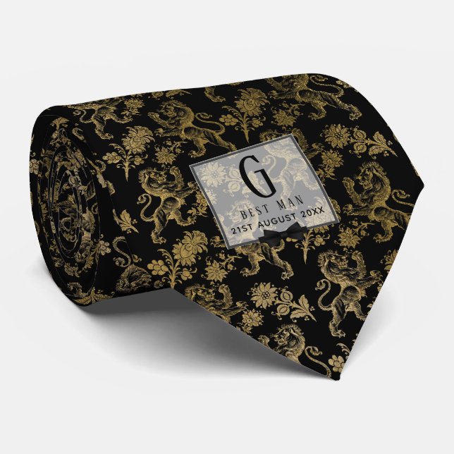 Monogram Best Man Groomsmen Black Gold Damask Tie (Rolled)