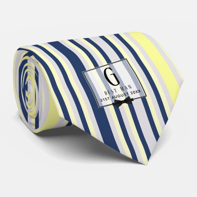 Monogram BEST MAN Groomsmen Groomsman Navy Yellow Tie (Rolled)