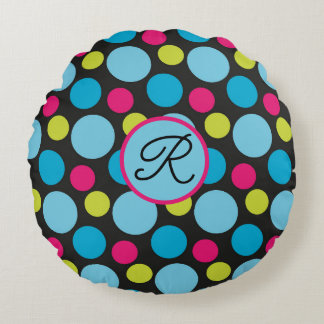 Monogram Big Dots Pattern Colourful, Hot Pink, Blu Round Pillow