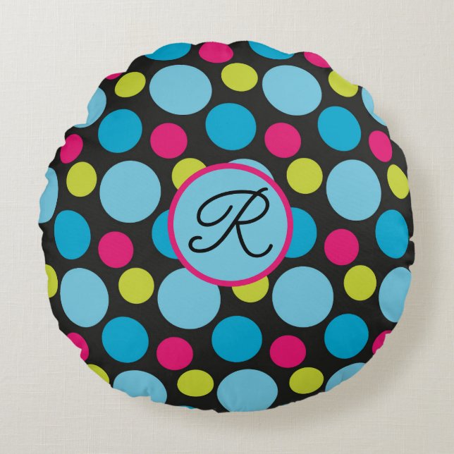 Monogram Big Dots Pattern Colourful, Hot Pink, Blu Round Pillow (Front)