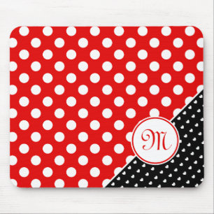 Monogram, Big Polka Dots, Red, Black And White Mouse Pad