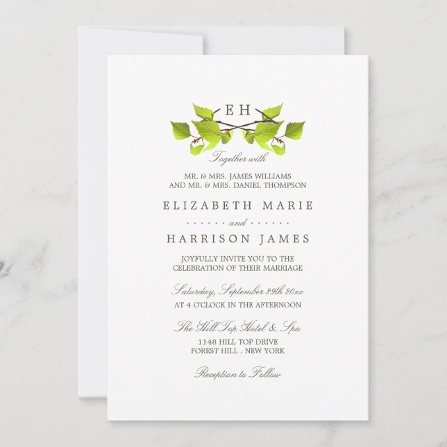 Monogram Birch Tree Branch Wedding Invitation (Front)
