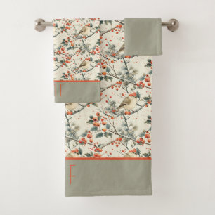 Monogram Bird Antique Vintage Holly Neutral Colour Bath Towel Set
