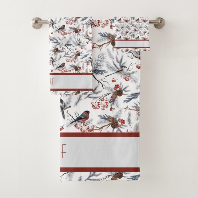 Monogram Bird White Grey Silver Branch Red Berries Bath Towel Set (Insitu)