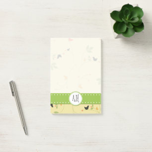 Monogram - Birds, Leaves, Berries - Green Yellow Post-it Notes
