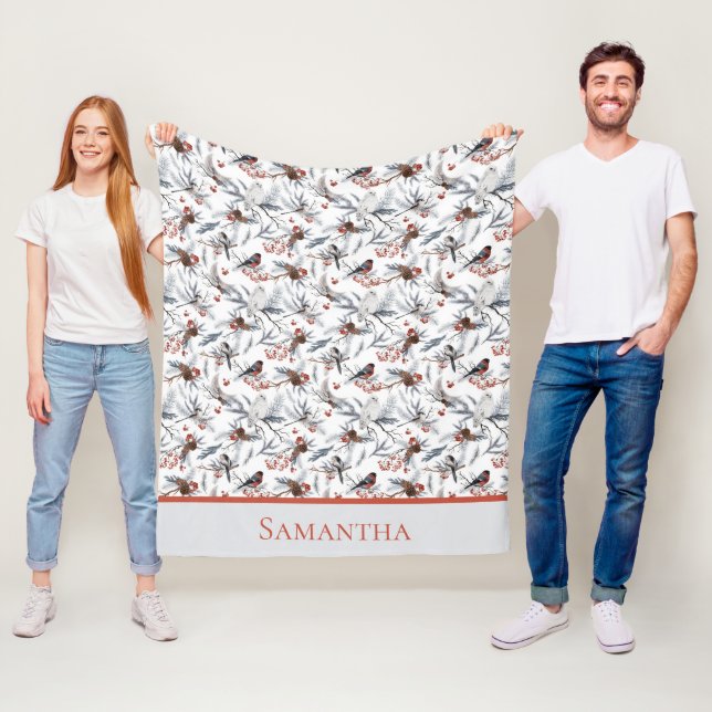 Monogram Birds White Grey Silver Branch Red Berry Fleece Blanket (In Situ)