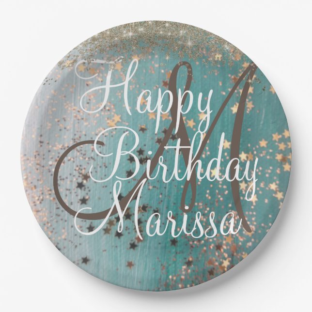Monogram Birthday Gold Stars on Teal  Paper Plate (Front)