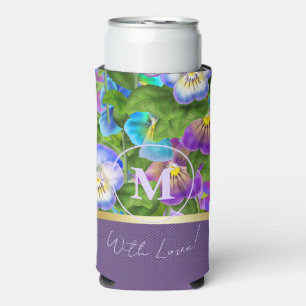 Monogram Birthday Pansy Violet Flowers Personalize Seltzer Can Cooler