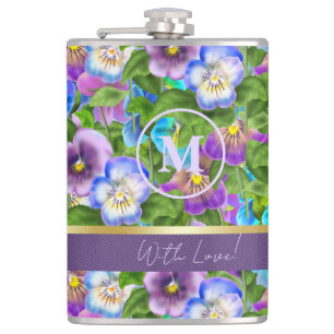 Monogram Birthday Pansy Violet Flowers Watercolor Hip Flask