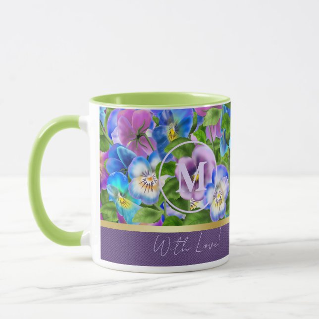 Monogram Birthday Pansy Violet Flowers Watercolor Mug (Left)