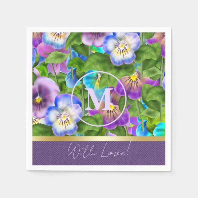 Monogram Birthday Pansy Violet Flowers Watercolor Napkin (Front)