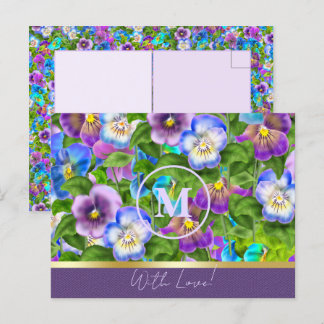 Monogram Birthday Pansy Violet Flowers Watercolor Postcard