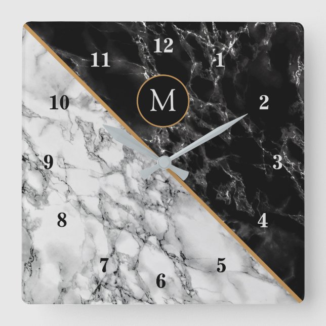 Monogram Birthday Wall Clock Black White Marble (Front)