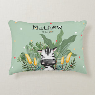 Monogram Birthday Zebra and jungle l Nursery Green Accent Pillow