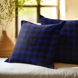 Monogram Black and Blue Buffalo Plaid Throw Pillow