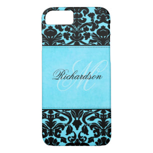 Monogram Black and Blue Damask iPhone 7 Case