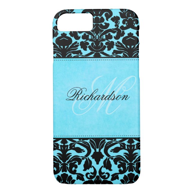 Monogram Black and Blue Damask iPhone 7 Case (Back)