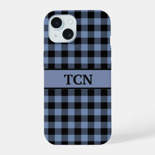 Monogram Black and Blue Plaid, Buffalo Plaid iPhone 15 Case