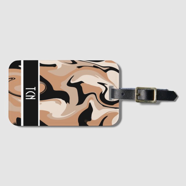 Monogram Black And Brown Marble Luggage Tag (Front Horizontal)