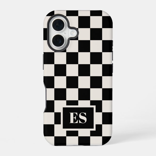 Monogram Black and Cream Chequered Pattern iPhone 16 Case (Back)