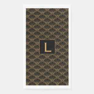 Monogram Black and Gold Art Deco Fan Flowers Motif Napkin