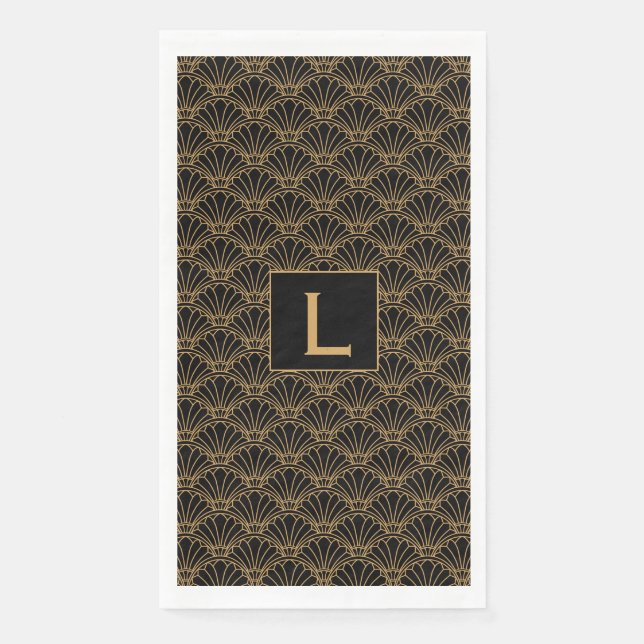 Monogram Black and Gold Art Deco Fan Flowers Motif Napkin (Front)