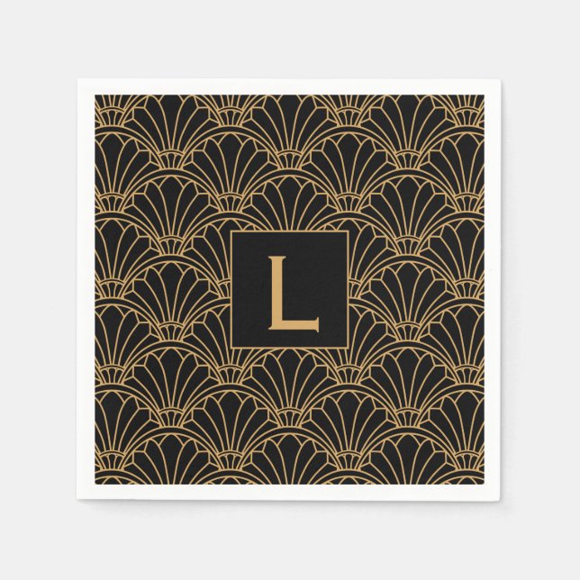 Monogram Black and Gold Art Deco Fan Flowers Motif Napkin (Front)