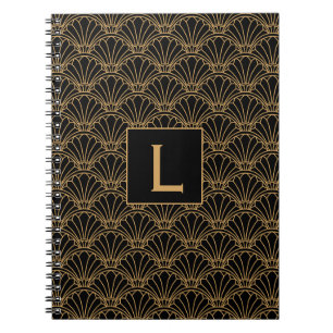 Monogram Black and Gold Art Deco Fan Flowers Motif Notebook