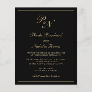 Monogram Black and Gold Budget Wedding Invitation