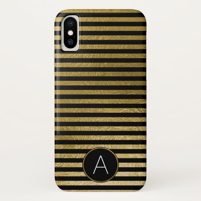Monogram Black and Gold Foil Striped Pattern Case-Mate iPhone Case (Back)