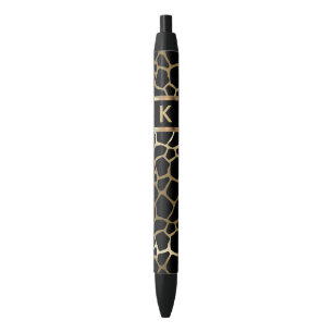 Monogram Black and Gold Giraffe Pattern Black Ink Pen