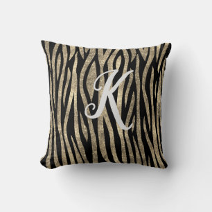 Monogram Black and Gold Glitter Zebra Print Throw Pillow