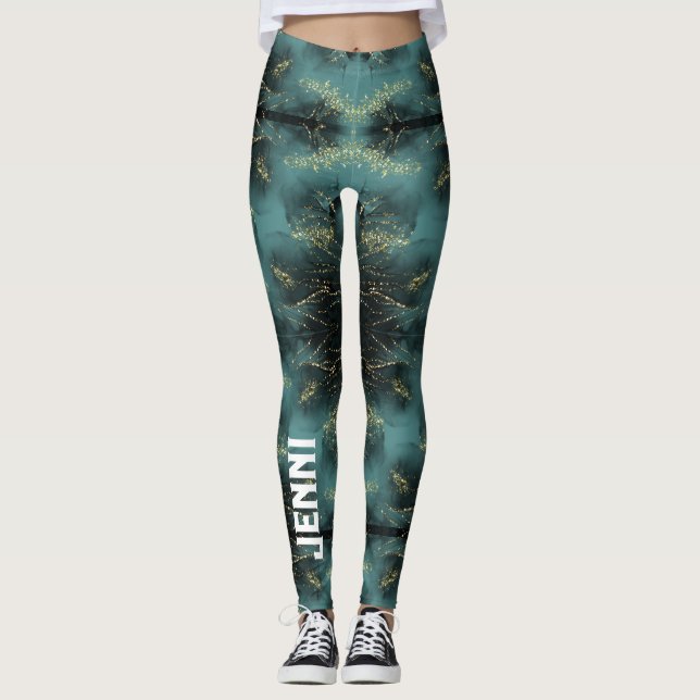 Monogram Black and Gold Pattern on Blue | Leggings (Front)