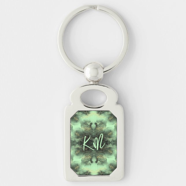 Monogram Black and Gold Pattern on Green | Keychain (Front)