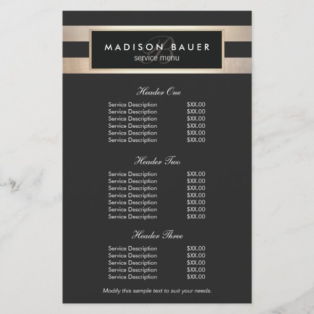 Monogram Black and Gold Stripes Price List Menu (Front)