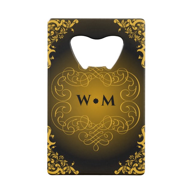 Monogram Black and Gold with Decorative Elements Credit Card Bottle Opener (Front)