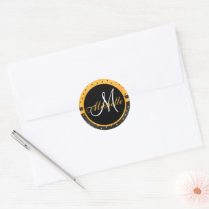 Monogram Black and Golden Yellow Polka Dots Classic Round Sticker