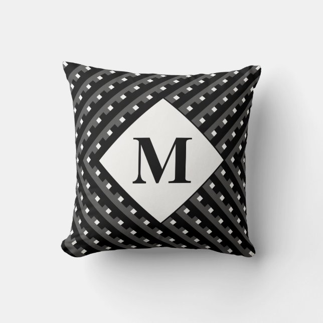 Monogram Black and Grey Angled lines Throw Pillow (Front)