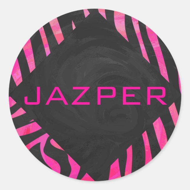 Monogram Black and Hot Pink Zebra Design Classic Round Sticker (Front)