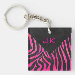 Monogram Black and Hot Pink Zebra Design Keychain