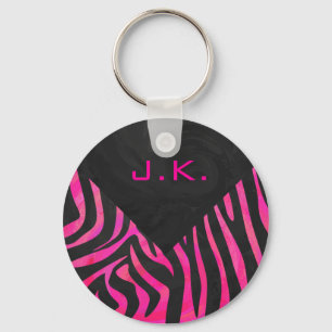 Monogram Black and Hot Pink Zebra Design Keychain