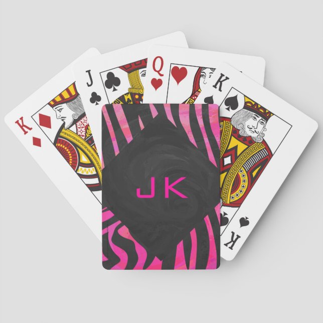 Monogram Black and Hot Pink Zebra Design Playing Cards (Back)