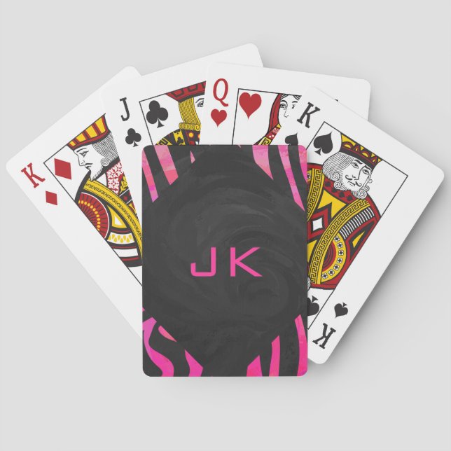 Monogram Black and Hot Pink Zebra Design Playing Cards (Back)