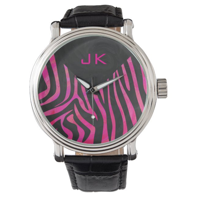 Monogram Black and Hot Pink Zebra Design Watch (Front)