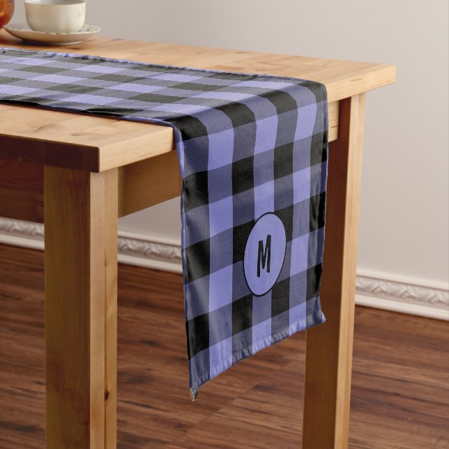 Monogram Black and Periwinkle Buffalo Plaid  Pouf Medium Table Runner (In Situ)