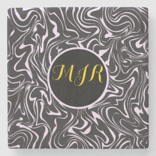 Monogram Black and Pink Marble Abstract Pattern  Stone Coaster