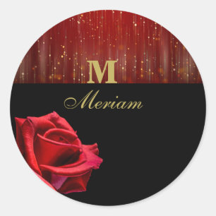 Monogram Black and  Red Rose Round Sticker