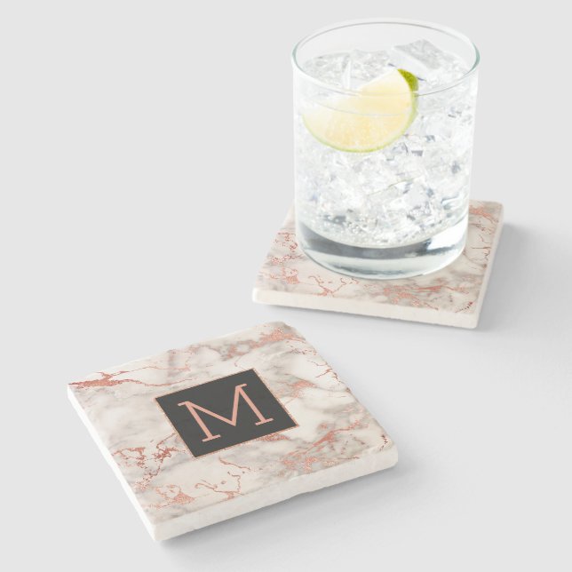 monogram black and rose gold marble stone coaster (Side)