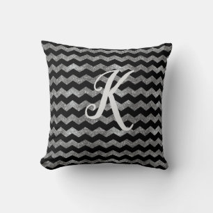 Monogram Black and Silver Glitter Chevron Throw Pillow
